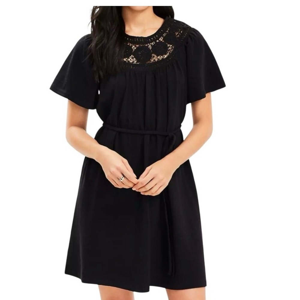 LOFT Black Crochet Lace Yoke Cotton Mini Dress Short Sleeve Belted XS Spring NWT